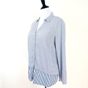 J Jill Size L Woven Rayon Button Down Shirt Contrast Stripe Blue White